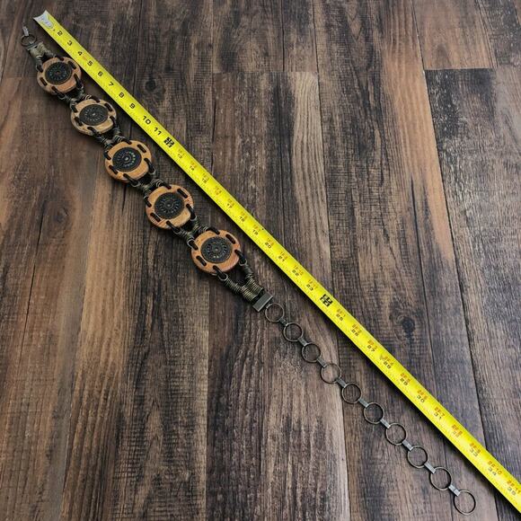 Concho Belt Hip Slung Mixed Media Wood Chain Boho Festival Size Small Tan Multi - Picture 7 of 12